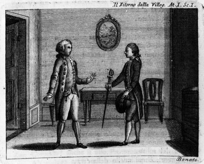 Scen 1 i akt I av det komiska stycket "" Ritorno della villeggiatura"" (Stadens återkomst) (1761) av Carlo Goldoni (1707-1793). Gravyr från 1700-talet av Italian School