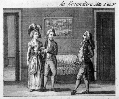 Scen 5 i akt I av stycket "La locandiera"" (1753) av Carlo Goldoni (1707-1793). Gravyr från 1700-talet av Italian School