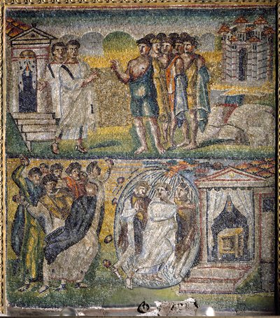 Scener från The Life of Moses: återvändandet av de tolv spioner som Mose skickade till det utlovade landet, försök till stening av Moses (mosaik) av Italian School