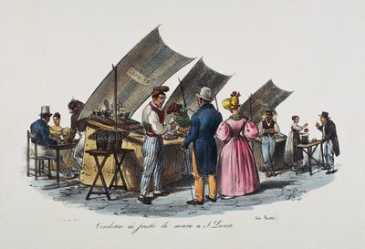 Skaldjursförsäljare i Santa Lucia, Neapel, Italien av Italian School