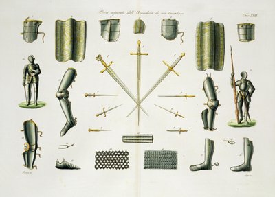 Separata Pieces of a Knights Armour, plåt 18 från The History of the Nations, graverad av G. Lago av Italian School