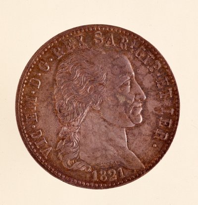 Italienskt silvermynt (ecu) från Sardiniens kungarike: Vittorio Emanuele I:s (Victor Emmanuel I) regeringstid (1759-1824). 1821. Diam. 3,8 cm Neapel, museo archeologico av Italian School