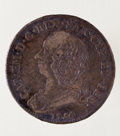Italienskt silvermynt (halv ecu) från kungariket Sardinien: Reign of Carlo Emmanuel III of Savoy (1701-1773). 1756. Diameter. 3,7 cm Neapel, arkeologiskt museum av Italian School