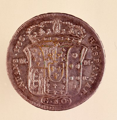 Silverpiastra från Neapel: Karl III av Spaniens regeringstid (1716-1788). 1750. Diameter. 4 cm Neapel, arkeologiskt museum av Italian School