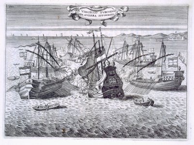 Att sänka ett turkiskt krigsskepp, illustration från "Värden av Toscana i de mest betydande företagen av riddarna av Santo Stefano" av Fulvio Fontana, graverad av H. Vincent, 1701 av Italian School