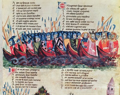Soldater i sina skepp, från Codex Benito de Santa Mora av Italian School