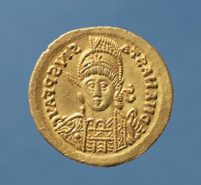 Solidus (framsidan) präglad av Theodoric I (AD 471-AD 526) östgotisk kung av Italien kopierar en solidus av Anastasius bysantinska kejsaren (AD 491-AD 518) (guld) Inskription: DN ANASTASIVS P F AVG av Italian School