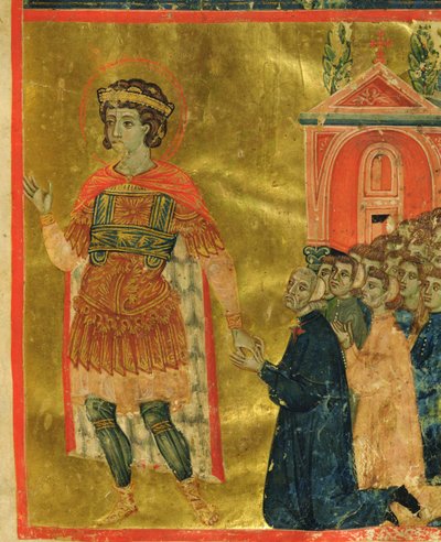 Några bröder som ber till St. Theodore, från en Mariegola, 1350 (bläck & bladguld på veläng) av Italian School