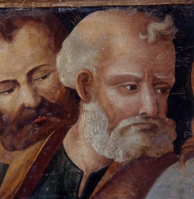 St Peter, detalj av altartavlan som föreställer Madonnan och barnet med de heliga Peter och Paulus, 1540 (tempera på panel) av Italian School