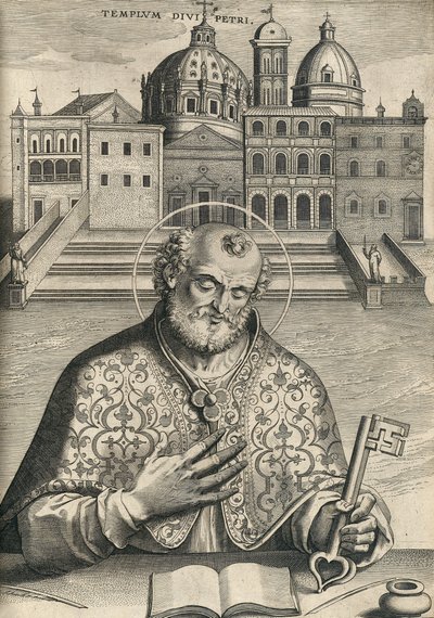 St Peter framför St Peters Basilica från Septem Urbis Primariae Church, pub. 1599 av Italian School