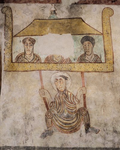 St. Proculus svänger på rep, detalj från fresker (700-talet), kyrkan St. Proculus, Naturno, Val Venosta, Trentino-Alto Adige, Italien av Italian School