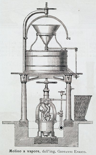 Ångkvarn designad av Giovanni Enrico (1851-1909), gravyr Italien av Italian School