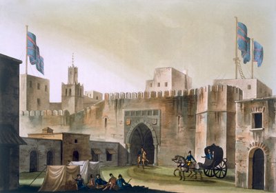 Beb Kar, porten till Tunis, med européer i hästdragna spelningar, ca 1820-30-talet av Italian School