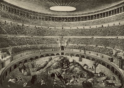 Colosseum, jakten på det stora vilda djuret (litho) av Italian School