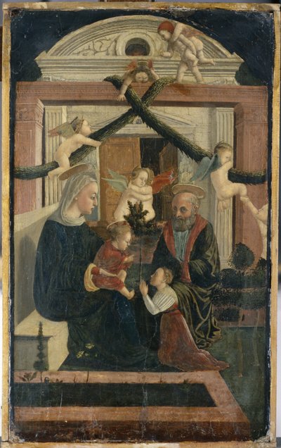 Den heliga familjen med donator i bön och spelande änglar, ca 1460 (tempera på tallved) av Italian School