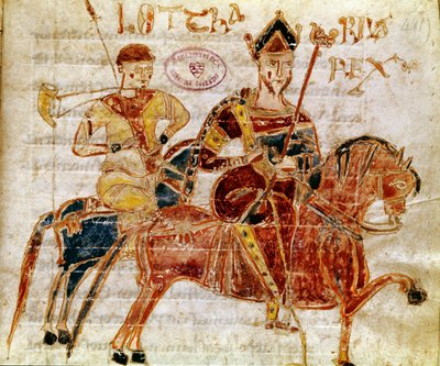 Frankernas kung och sedan Lotharia I (9:e århundradet) Miniatyr från "Codex Legum Longobardorum" (eller Langobardorum) som beskriver lagarna i det langobardiska riket etablerat av kung Rothari av Italian School