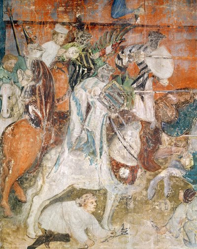 Februari månad, detalj av en riddare vid en turnering, c.1400 (fresk) av Italian School