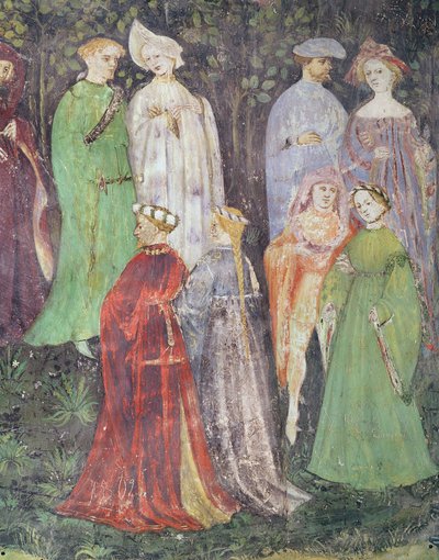Juni månad, detalj av adelsmän och kvinnor som går, ca 1400 (fresk) av Italian School