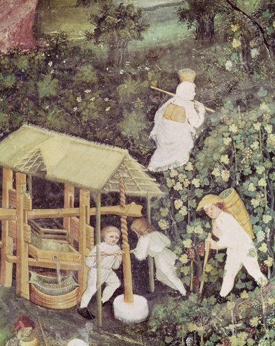 Oktober månad, detalj av druvplockare som pressar druvor, ca 1400 (fresk) av Italian School