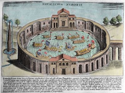 Naumachia av Neron, representation av ett sjöslag i Rom. Gravyr (1600-talet). av Italian School