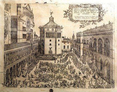 Oxens fest på det stora torget i Cremone (Cremona) i Italien. Gravyr av 1500-talet Cremona, Museo Civico Italien av Italian School