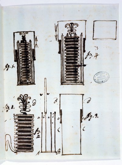 Den voltaiska högen (batteri). Ritning från ett brev från Alessandro Volta (1745-1827) till Dieudonne Dolomieu (1750-1801) om galvanism, 1801 (penna och bläck på papper) av Italian School