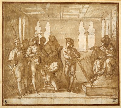 Halshuggningen av ett helgon (penna & bläck med tvätt & krita på papper) av Italian School