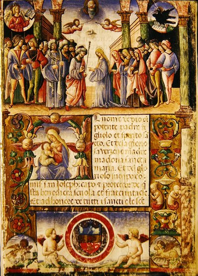 Jungfruns trolovning, från en Mariegola från lekmannagillet St. Joseph och St. Sylvester, 1315 (bläck på veläng) av Italian School