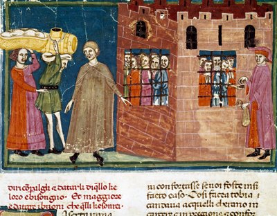 Utdelning av måltider till fångar Miniatyr av den florentinska skolan hämtad från en förlängningsupplaga av "Pater noster" av Ser Zucchero Bencivenni (MS.II.VI 16) i början av 1300-talet Florens, nationalbiblioteket av Italian School