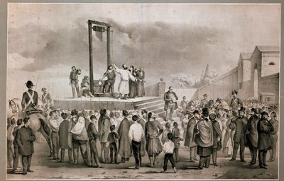 Avrättningen den 13/03/1858 av Felice Orsini (1819 - 1858) och Pieri som utförde attacken den 14 januari 1858 mot Napoleon III på Place de la Roquette i Paris Litografi från slutet av 1800-talet. Milan Museo del Risorgimento av Italian School