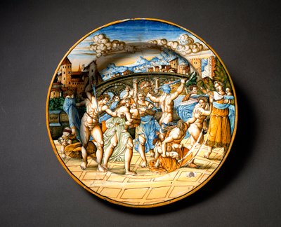 Massakern på de oskyldiga. Keramisk platta tillverkad i Urbino i verkstaden Fontana, Italien. 1566 runt Florens, Museo Nazionale del Bargello av Italian School