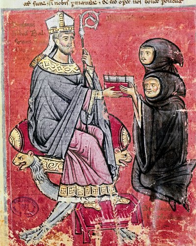 Munken Benedetto da Bari (som representerar unga och gamla för att indikera att skrivandet av hans arbete har sysselsatt hela hans liv) överlämnade till abbeden Balsamo (1200-talet), ledare för benediktinerklostret Cava de Tirreni, sin kodex De Septem Sigi av Italian School