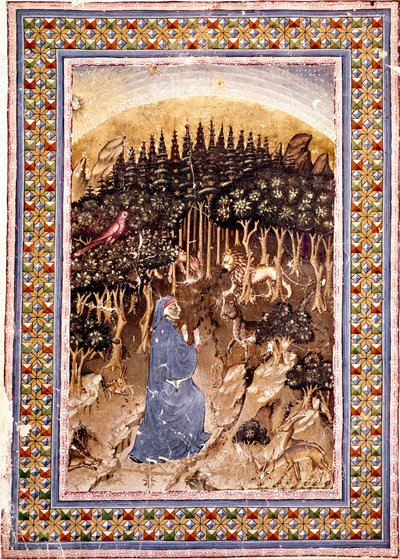 Poeten Dante befinner sig i en mörk skog. Den upplysta sidan av den första helvetets sång kommer från "Divina Commedia" (gudomlig komedi) av Dante Alighieri (1265-1321). Manuskript Ms. Conv. Soppr. 204 av Italian School
