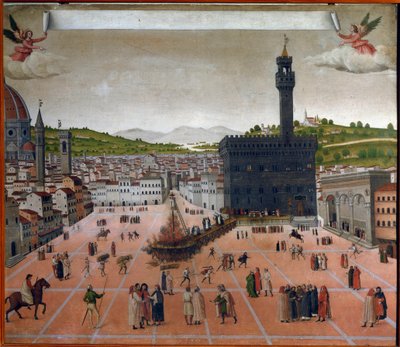Girolamo Savonarolas bål på Piazza della Signoria, Florens 1498 (målning) av Italian School