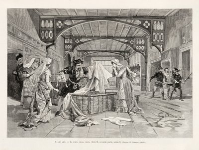 Scenen för korgen (akt II, del två, scen I) av Giuseppe Verdis opera Falstaff, från L
