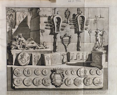 The sistrum (sistra), olika representationer från De sistrum av Benedictus Bacchinius (1651-1721) av Italian School