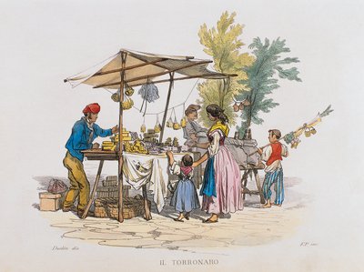 The torronaro (nougatförsäljare) (gravyr) av Italian School
