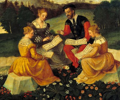 Vokalkonserten Painting of the Italian School. 1500-talet. Bourges, Hotel Lallemant - The Bucolic Concert. Målning av den italienska skolan. 1500-talet. Hotel Lallemant, Bourges, Frankrike av Italian School