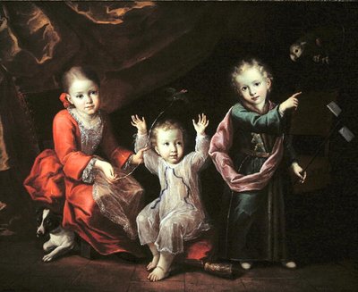 Tre barn i en interiör omgiven av sina husdjur, ca 1680 (olja på duk) av Italian School