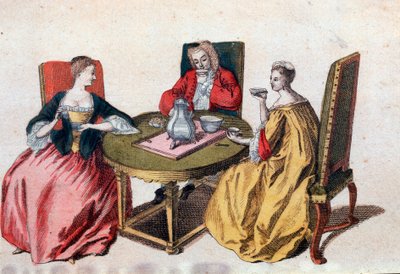 Tre venetianska adelsmän njuter av en chokladgravering av 1700-talets Venedig, Correr museum av Italian School