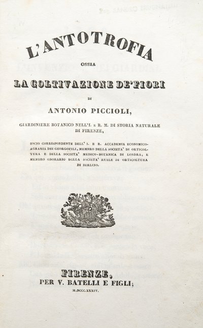 Titelsida, från Antotrofin eller odlingen av blommor av Antonio Piccioli, pub. 1834 (gravyr) av Italian School