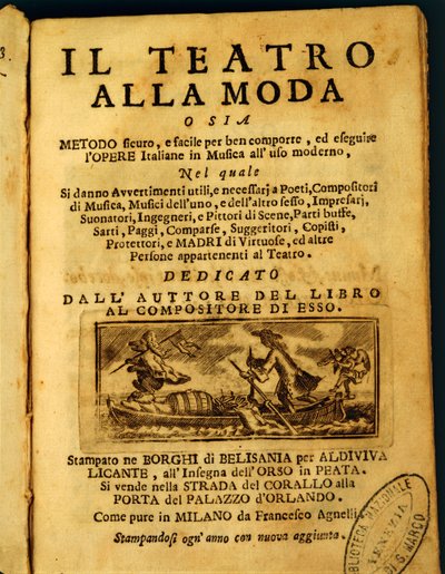 Titelsidan för "Teatro della Moda", av Benedetto Marcello (litho) av Italian School