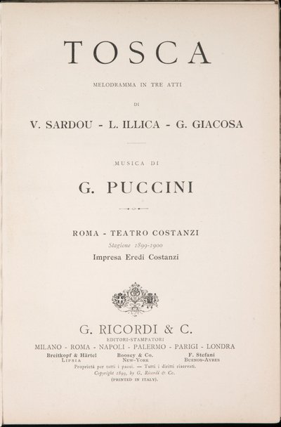 Titelsida, Libretto della Tosca, av Giacomo Puccini, Ricordi Edition, Italien av Italian School