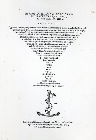 Titelsidan av Erasmus Adages, tryckt av Aldus Manutius i Venedig, 1508 (tryckt papper och gravyr) av Italian School