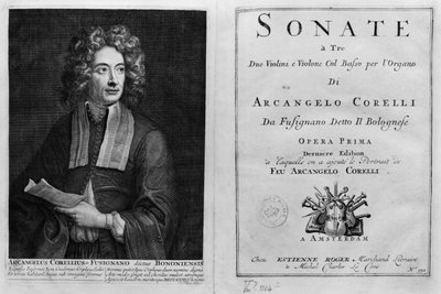 Titelsidan för Sonate a Tre med ett porträtt av Arcangelo Corelli (1653-1713) av Italian School