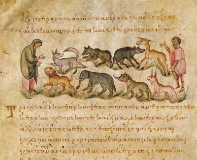 Avhandling om de många djurarter som bebor jorden, illustration från Cynegetica av Oppian (tempera på vellum) av Italian School