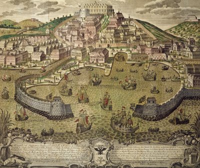Trieste stad och dess fria hamn, färgad gravyr, Italien av Italian School