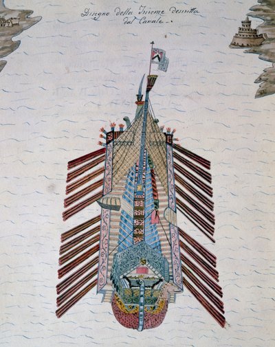 Trireme (skepp med tre bankar åror), från On maritime militia treatise, av Cristoforo Canal (1510-1562), Italien av Italian School