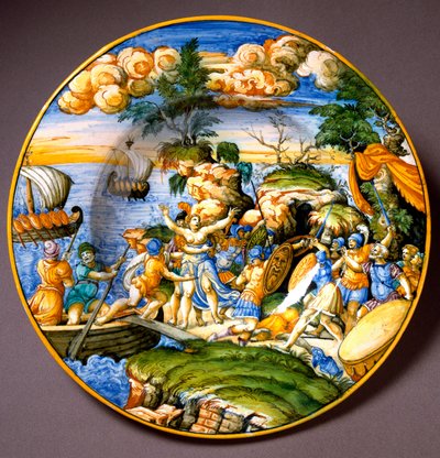 Trojanska kriget: Helenes bortförande. Keramisk platta tillverkad i Urbino, Italien. 1550 runt Florens, Museo Nazionale del Bargello - Trojanska kriget: Helens bortförande. Keramisk tallrik från Urbino, Italien. Circa 1550. Nationalmuseet i Bargello, Flore av Italian School