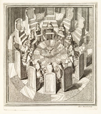 Tolv domare i Rota ber i en cirkulär sal som omger den Helige Ande, pub. 1717 (gravyr) av Italian School